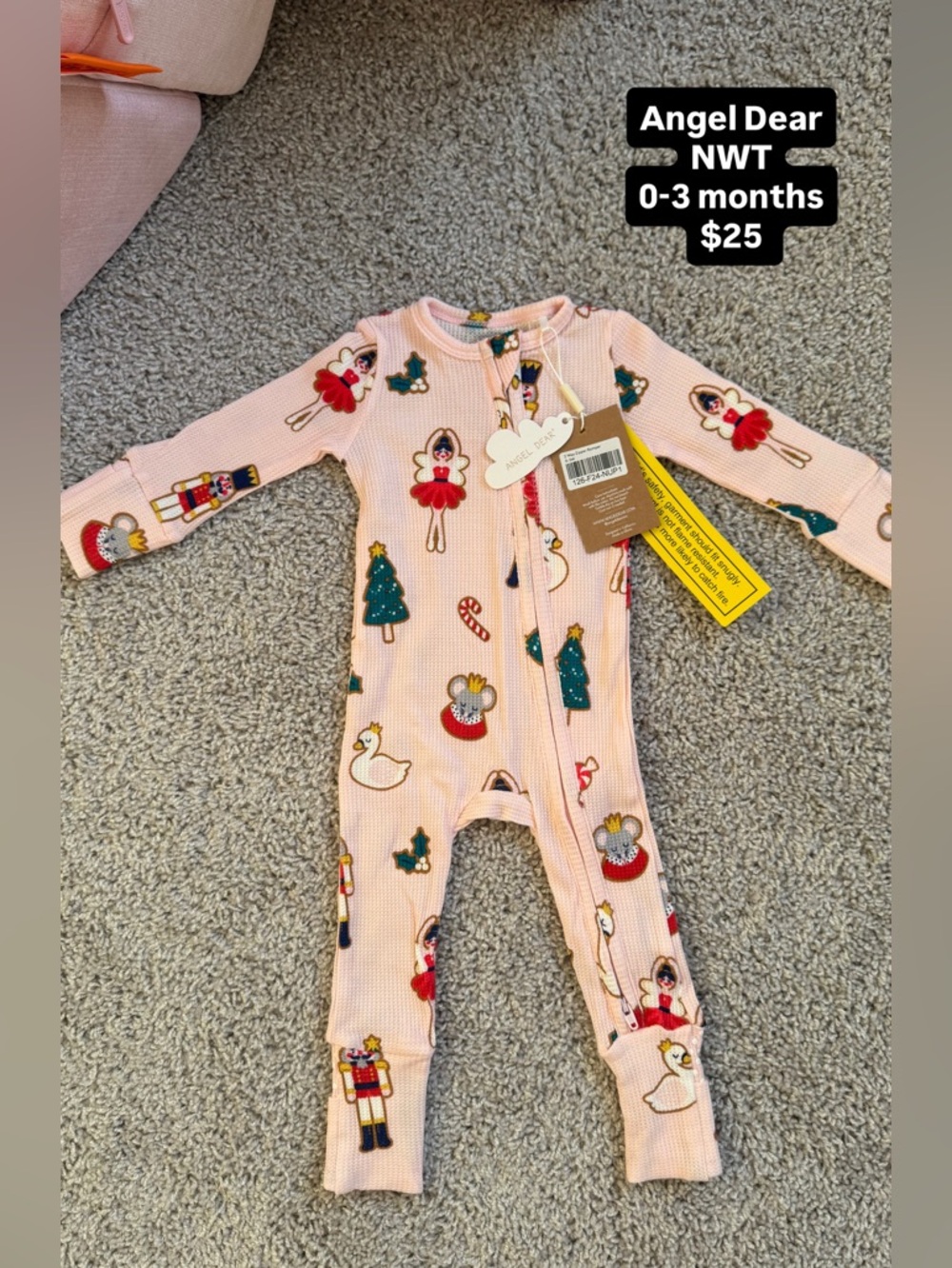Angel Dear Pink Holiday Waffle Knit Romper - Nutcracker & Ballerina Print